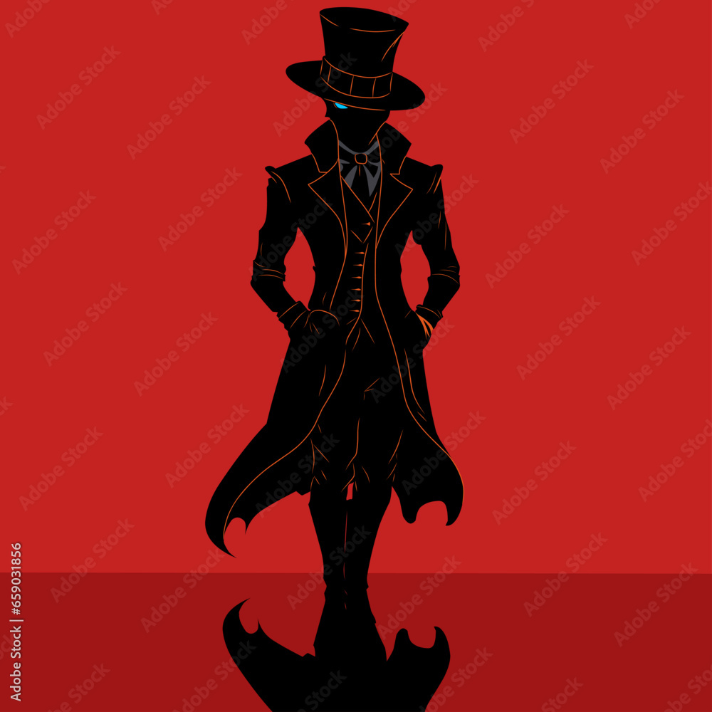 Fototapeta premium black illustration design of a man standing wearing a suit and hat on a red background