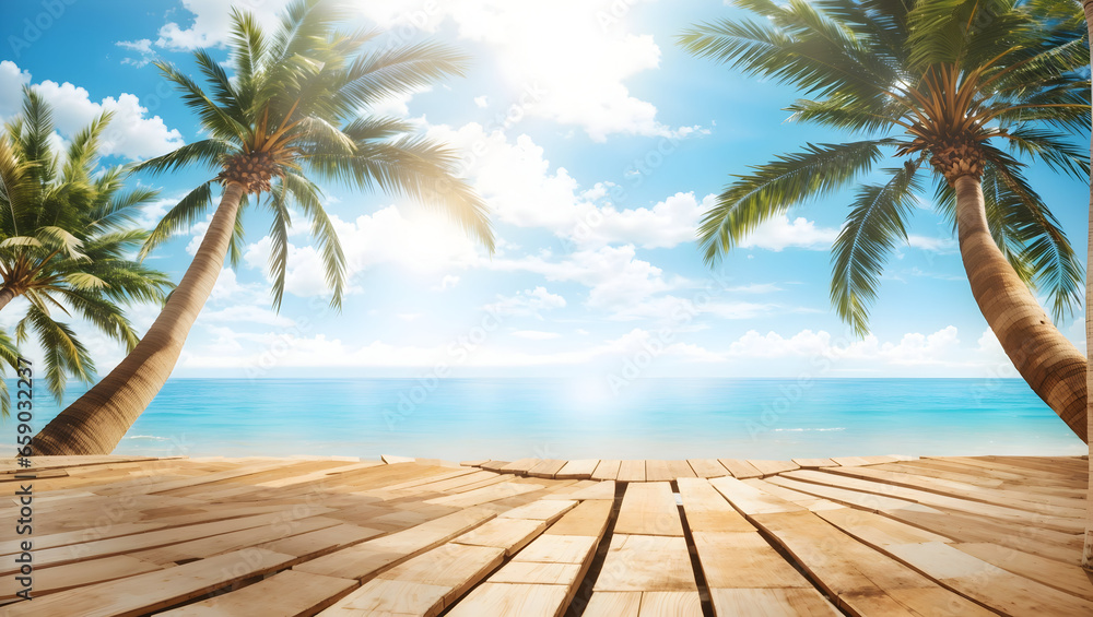 Summer panoramic landscape, nature of tropical beach with wooden platform, sunlight. Golden sand beach, palm trees, sea water against blue sky with white clouds. Copy space, summer vacation concept.AI