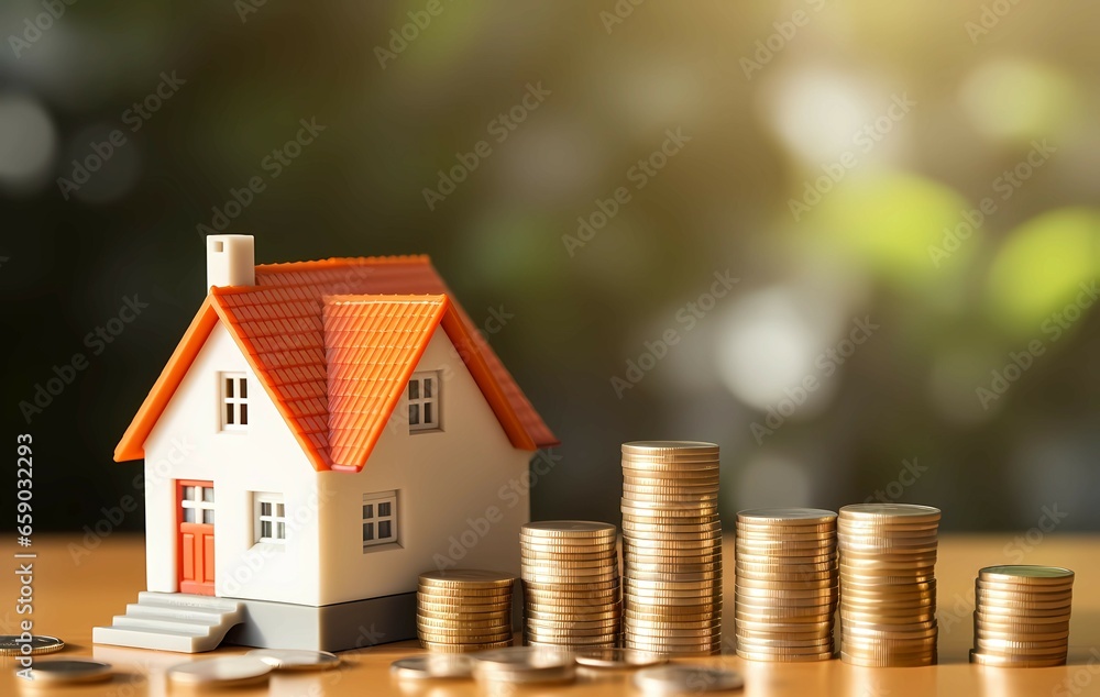 Model of a house with coins on the table and a piggy bank Model of a house with coins on the table and a piggy bank