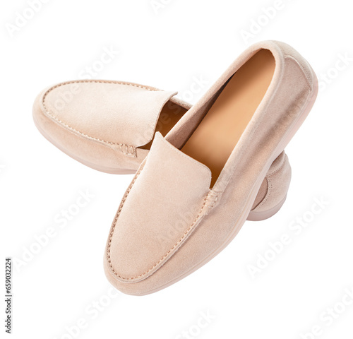 Beige suede loafers isolated on white background