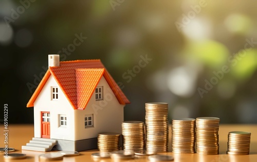 Wallpaper Mural Model of a house with coins on the table and a piggy bank Torontodigital.ca