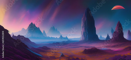 galaxy full of colors, vibrant, epic composition, cinematic, Landscape veduta photo by Dan Mumford, detailed landscape painting, rendered in Enscape, Miyazaki, Nausicaa Ghibli, 4k detailed post proces photo