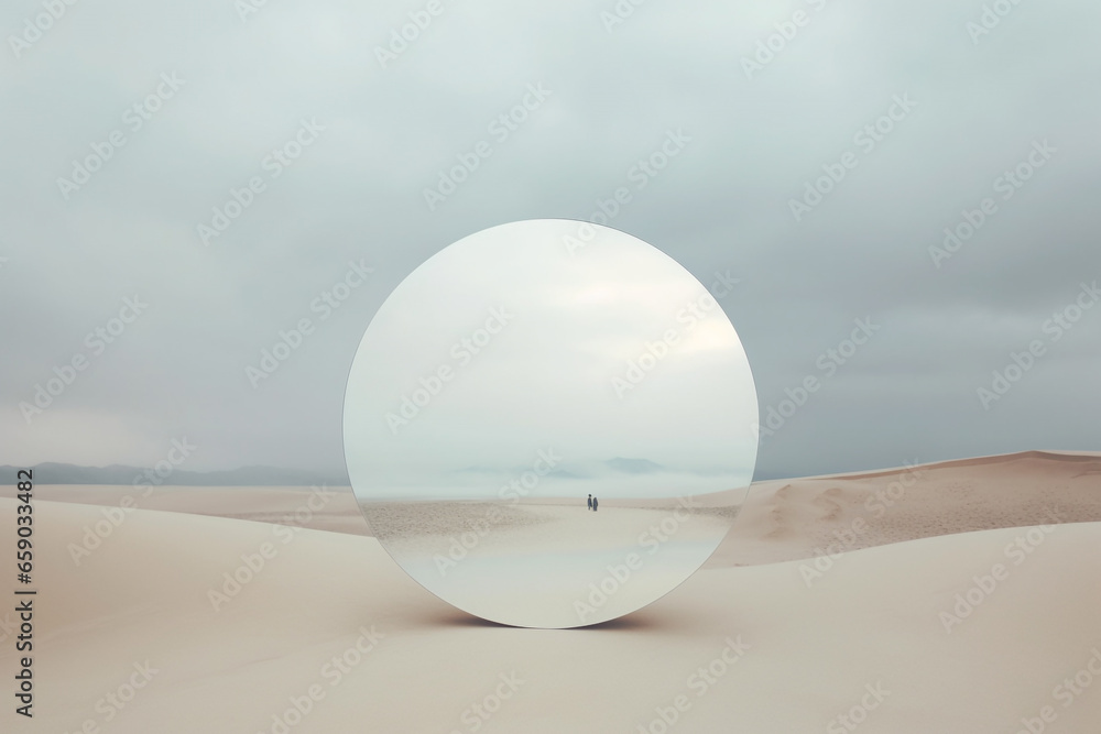 Fine-art, pop-art, nature and landscape concept. Abstract composition of round mirror standing in the middle of desert. Dramatic mood with cloudy sky background with copy space. Generative AI - obrazy, fototapety, plakaty 