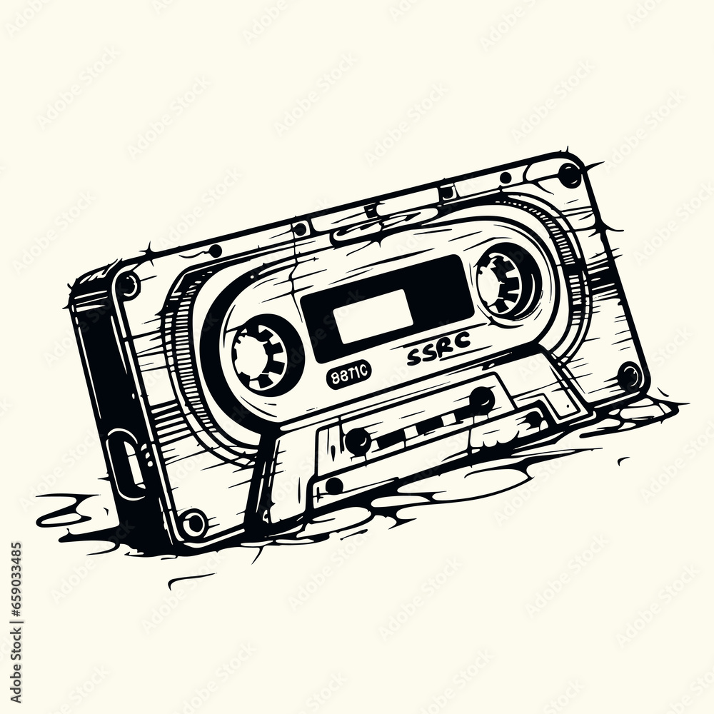 A distorted cassette tape with a grunge aesthetic, reflecting the
