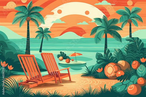 Travel  vacation and leisure concept. Retro vintage minimalist travel colorful illustration with beach and palm trees. Pop- art vintage style. Generative AI