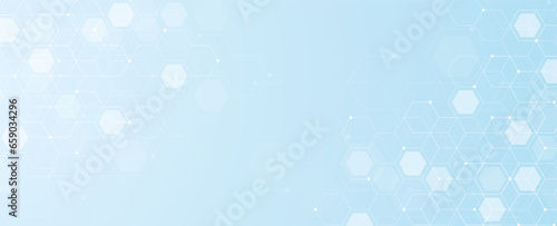 Hexagons pattern on blue background. Genetic research, molecular structure. Chemical engineering. Concept of innovation technology. Used for design healthcare, science and medicine background