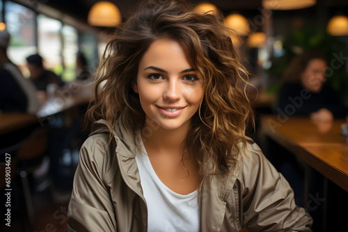 A Beautiful Lady s Smiling Face Shines in the City Night  Teenage Fashion on a Restaurant Street
