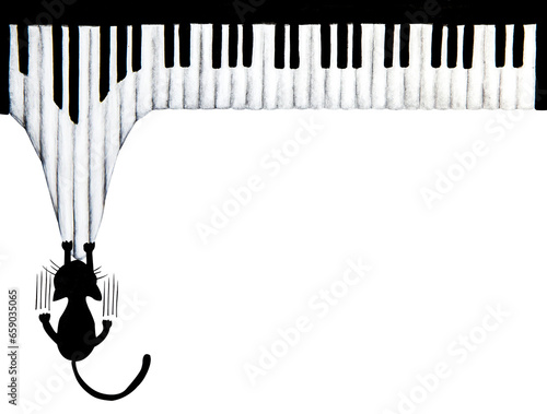 Hand drawn of Black cat scratching piano