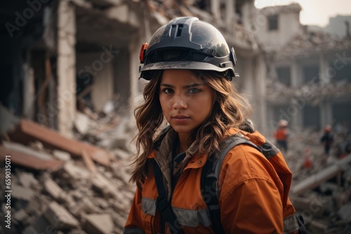 A beautiful European woman participates in search and rescue operations after the disaster. earthquake and rescuers on the streets of the city