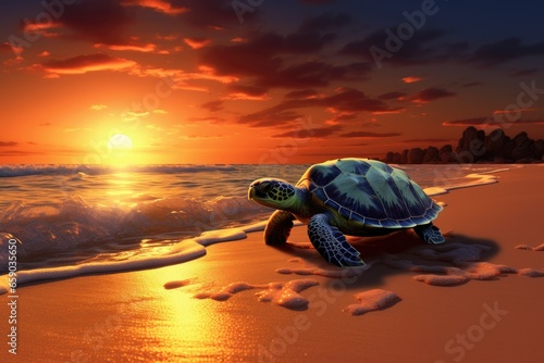 sunset on beach with sea turtle © Asman