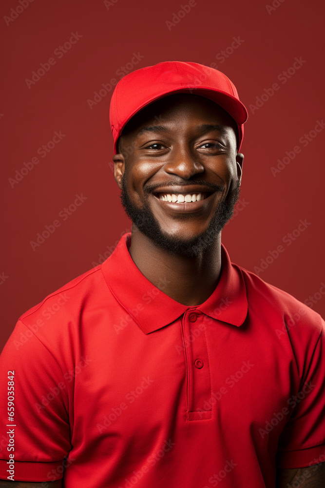 A happy deliveryman smiling, Bright solid light red background