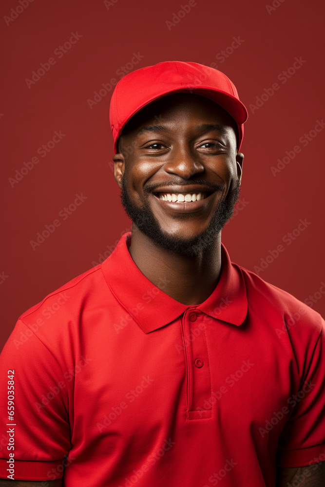 A happy deliveryman smiling, Bright solid light red background A happy deliveryman smiling, Bright solid light red background