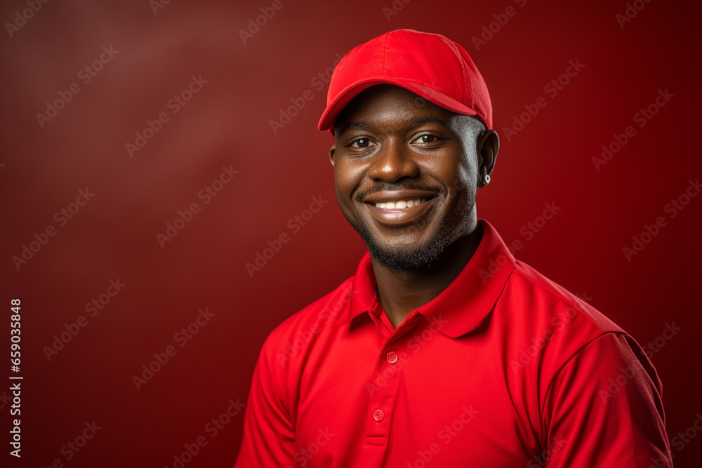 A happy deliveryman smiling, Bright solid light red background A happy deliveryman smiling, Bright solid light red background