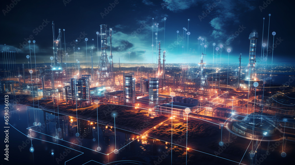 Aerial view of a vast industrial complex with smokestacks and warehouses. digitalization of production. Industry 4.0. ai generative