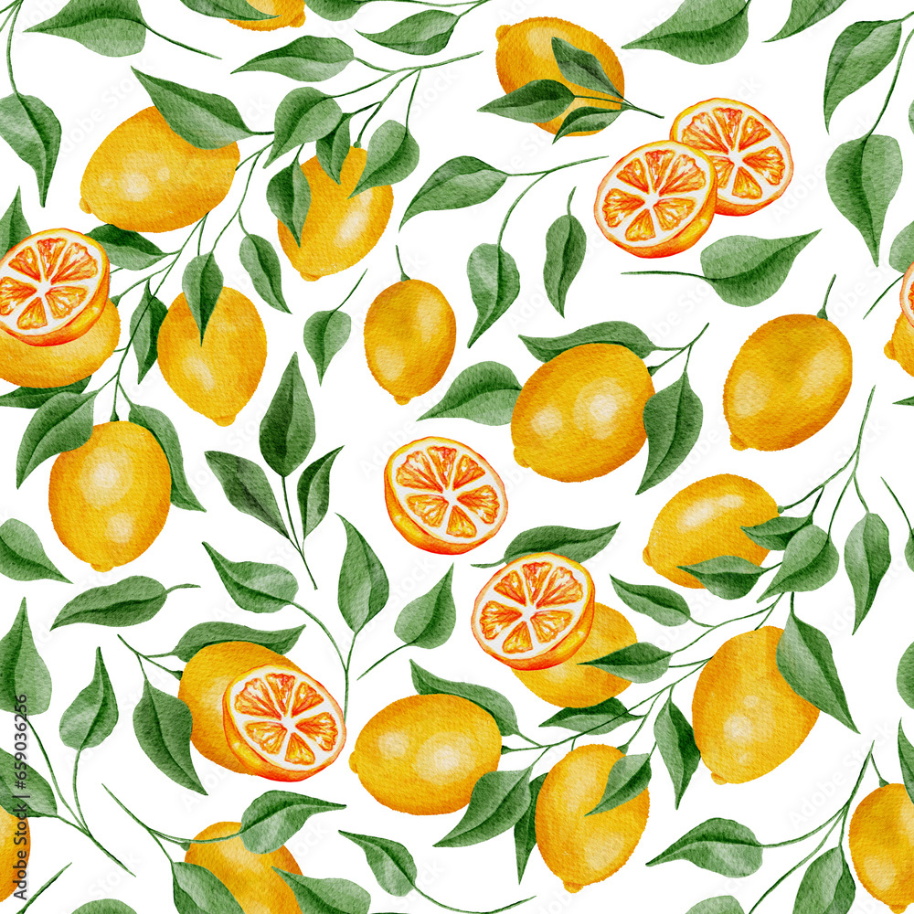 Warm Yellow Watercolor Lemons and Green Leaves Seamless Pattern Background Warm Yellow Watercolor Lemons and Green Leaves Seamless Pattern Background