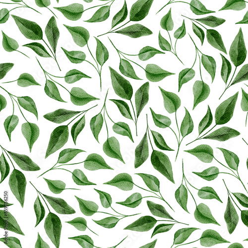 Green Watercolor Lemon Leaves Greenery Foliage Seamless Pattern Background