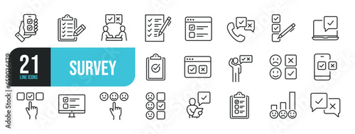 Set of line icons related to survey, rating, opinion, feedback. Outline icons collection. Editable stroke. Vector illustration.