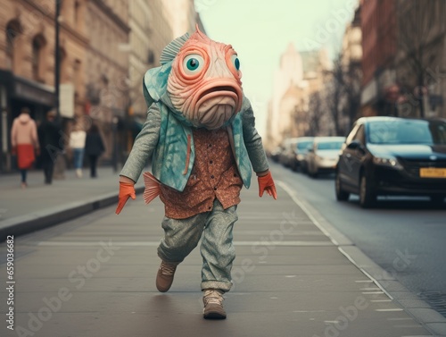 Man Fish Anthropomorphic Person in clothes, walking on the a street in city. Funny stupid hipster character.
