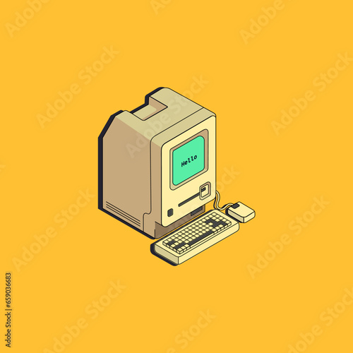 Isometric old macintosh with text photo