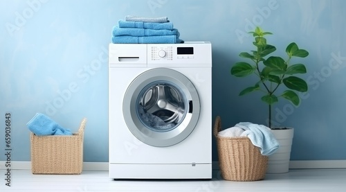 washing machine in white room with blue walls