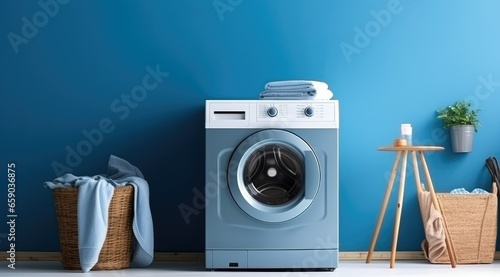 washing machine in white room with blue walls