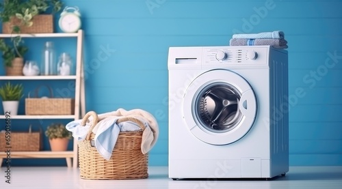 washing machine in white room with blue walls