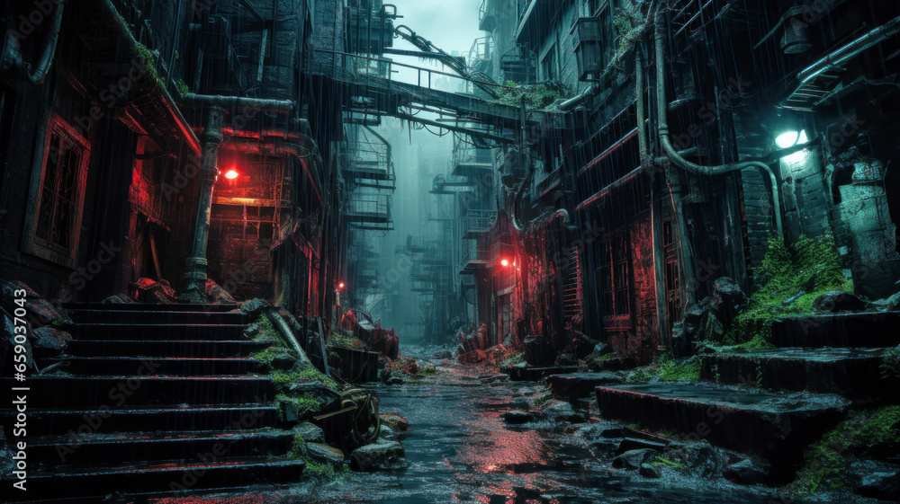 Dark dirty alley in rain, gloomy street in cyberpunk city, dystopia theme - obrazy, fototapety, plakaty 