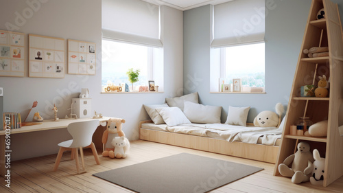 Interior of children   s room  Scandinavian design with wood furniture