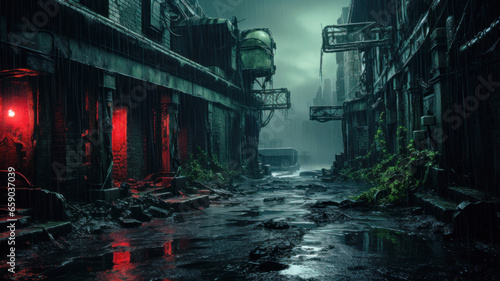 Dirt and grunge of alley in dystopian cyberpunk city  abandoned street