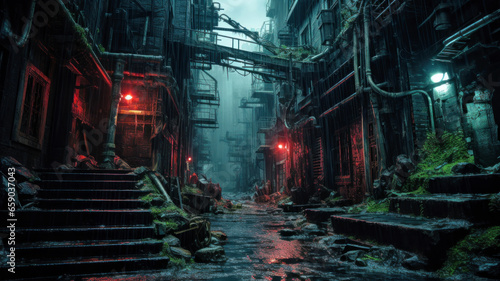 Dark dirty alley in rain  gloomy street in cyberpunk city  dystopia theme