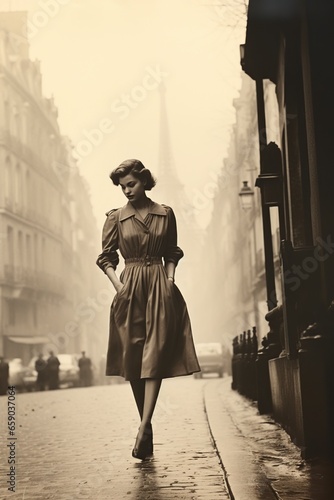 woman walking through Paris in 1950, vintage monochromatic