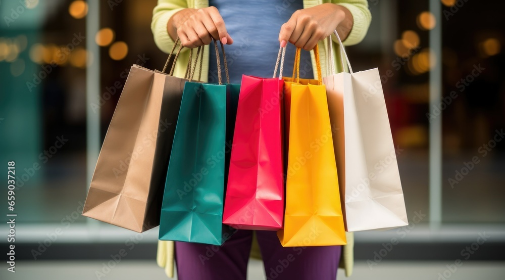 Hand holding multiple colorful shopping bags