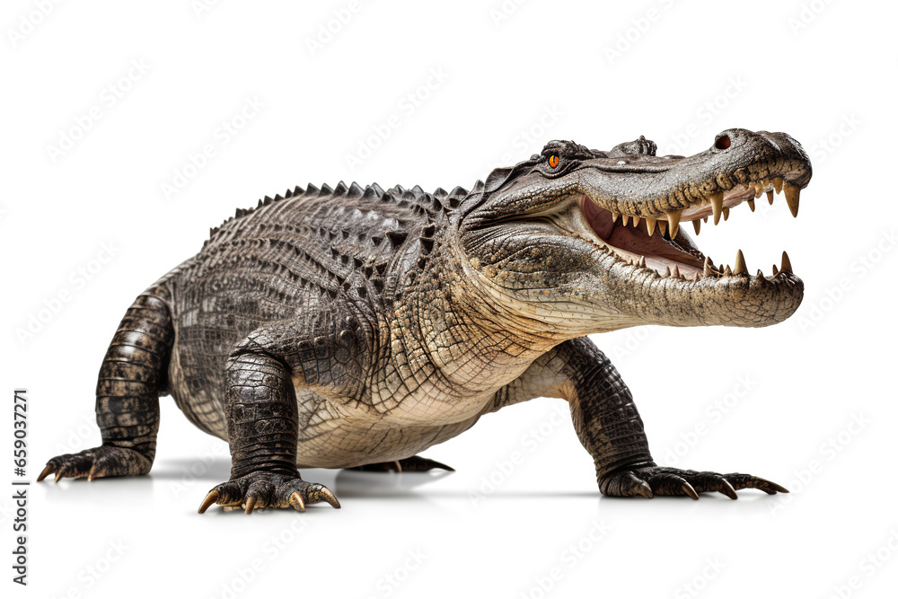 Obraz premium Majestic alligator roaming, crocodile on white background, portrait of crocodile