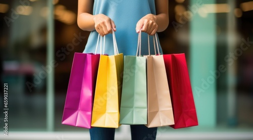 Hand holding multiple colorful shopping bags