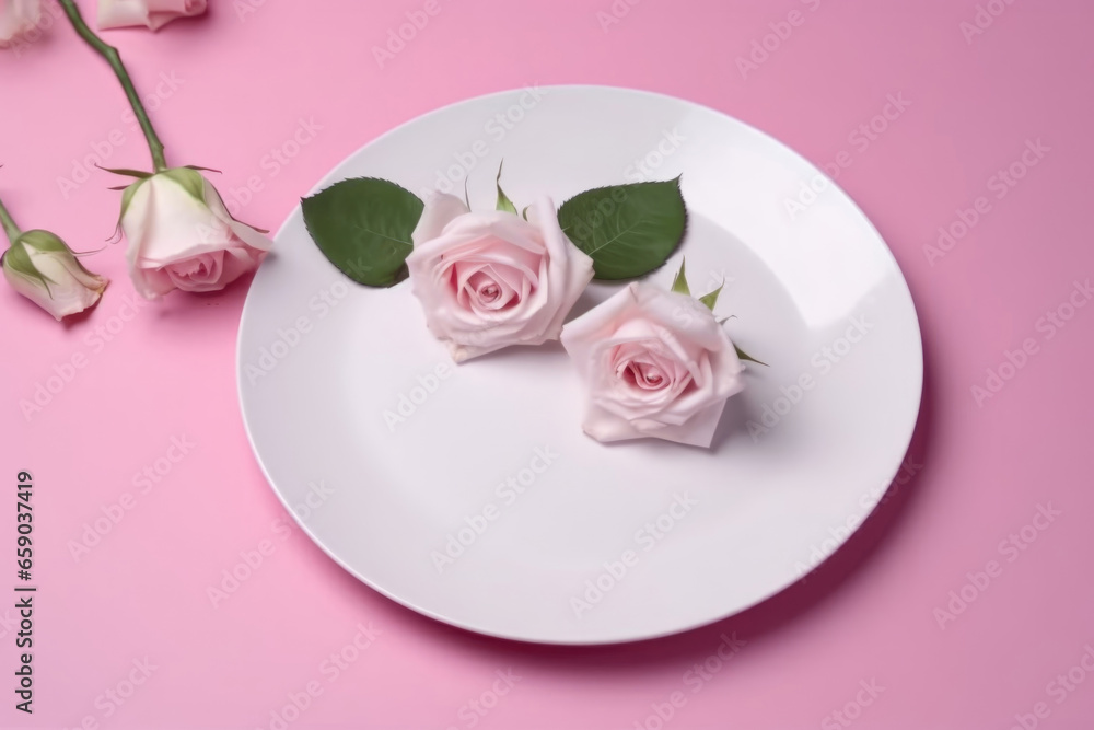 White round plate with pink roses on pink background White round plate with pink roses on pink background
