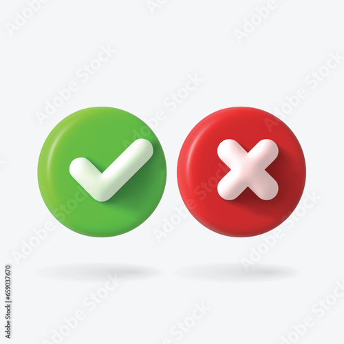 Vector Render 3d of round Right Check Mark and Cross Icon. Green and Red. Approvement icon or emblem. Vector illustration
