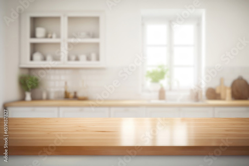 Empty wood table top and blur bokeh modern kitchen interior background in clean. Ready for product presentation