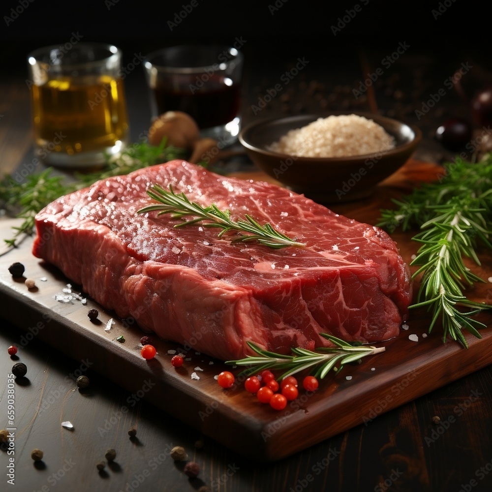 Raw Chuck eye roll Black Angus prime beef steak on butcher board with knife.