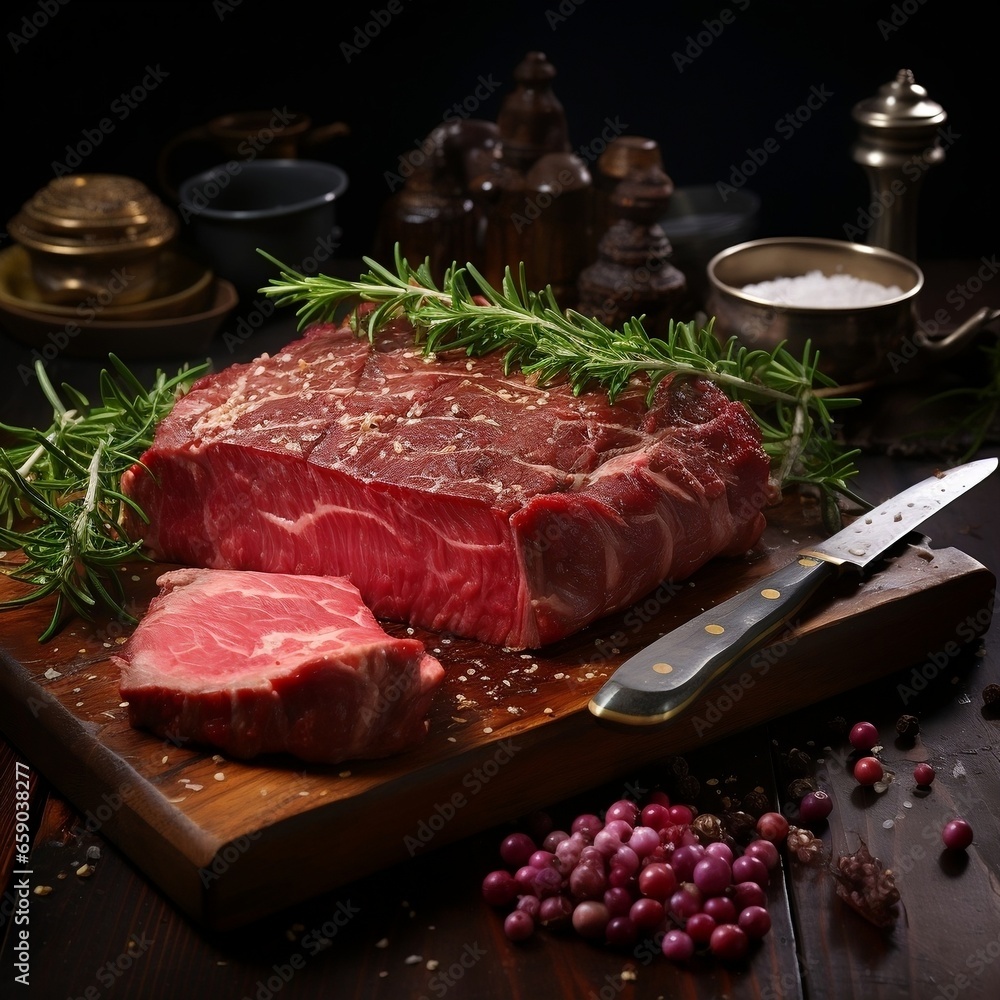 Raw Chuck eye roll Black Angus prime beef steak on butcher board with knife. Raw Chuck eye roll Black Angus prime beef steak on butcher board with knife.