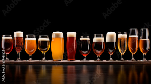 Many different types of beer glasses lined up on a dark background photo