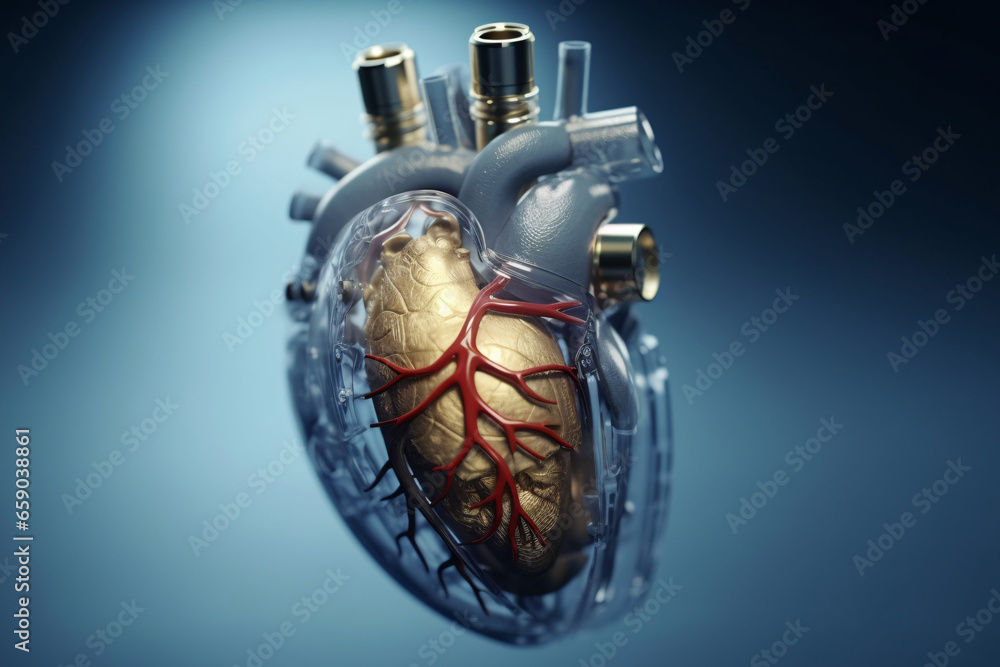 Robotic heart. Heart prosthesis. Human heart on digital background.
Robotic heart. Heart prosthesis. Human heart on digital background.
