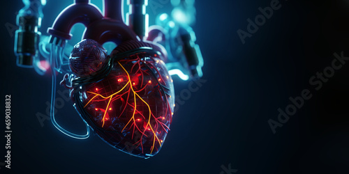 Robotic heart. Heart prosthesis. Human heart on digital background. 