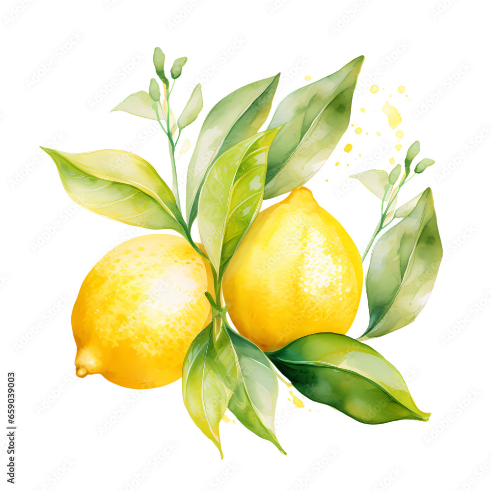 Lemon with leaves watercolor isolated transparent, Generative AI