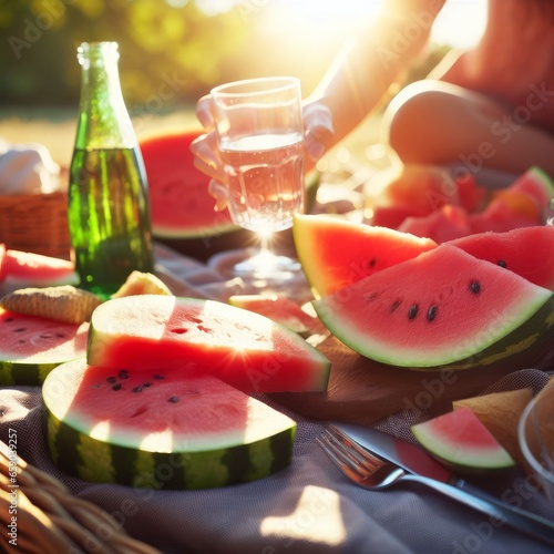 A summer picnic with watermelon and drinks.