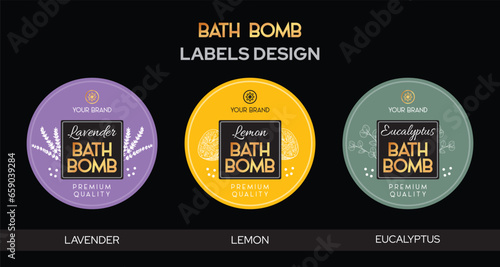 Bath bomb labels design, Lavender bath bomb, Eucalyptus soap Lemon bath bomb labels high quality editable vector file pure and natural soap packaging design, aromatherapy handmade soap label design