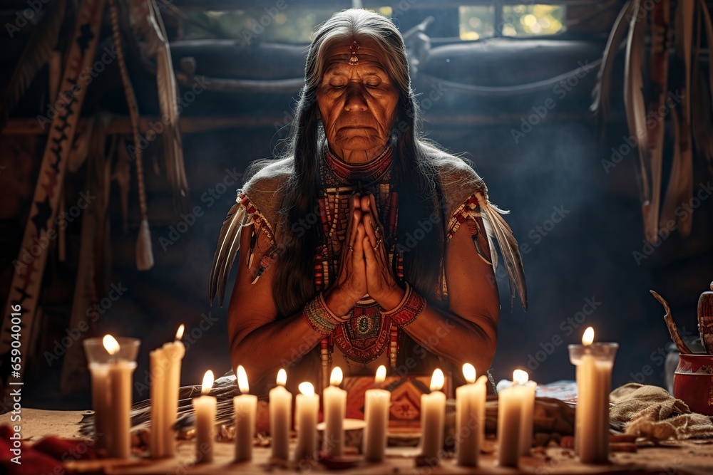 old native American Indian woman in traditional clothing