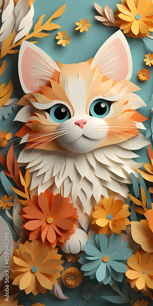 Charming 3D Cat with Floral Fantasy: Whimsical Phone Wallpaper
