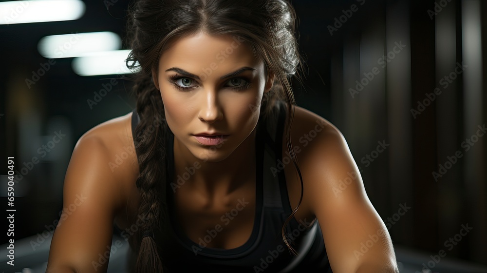 A strong and confident fitness model girl performing a perfect plank exercise, emphasizing her core strength and stability. A strong and confident fitness model girl performing a perfect plank exercise, emphasizing her core strength and stability.