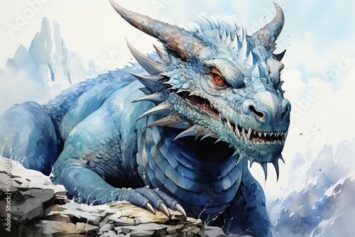 Close Up Blue Dragon Watercolor Painting