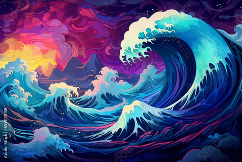 giant tsunami waves in neon colors photo